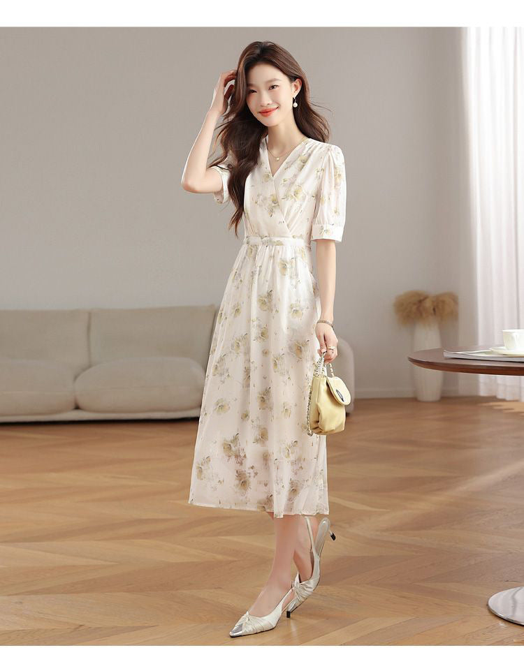 V-neck Puffed-sleeve Patchwork Printed Midi Dress