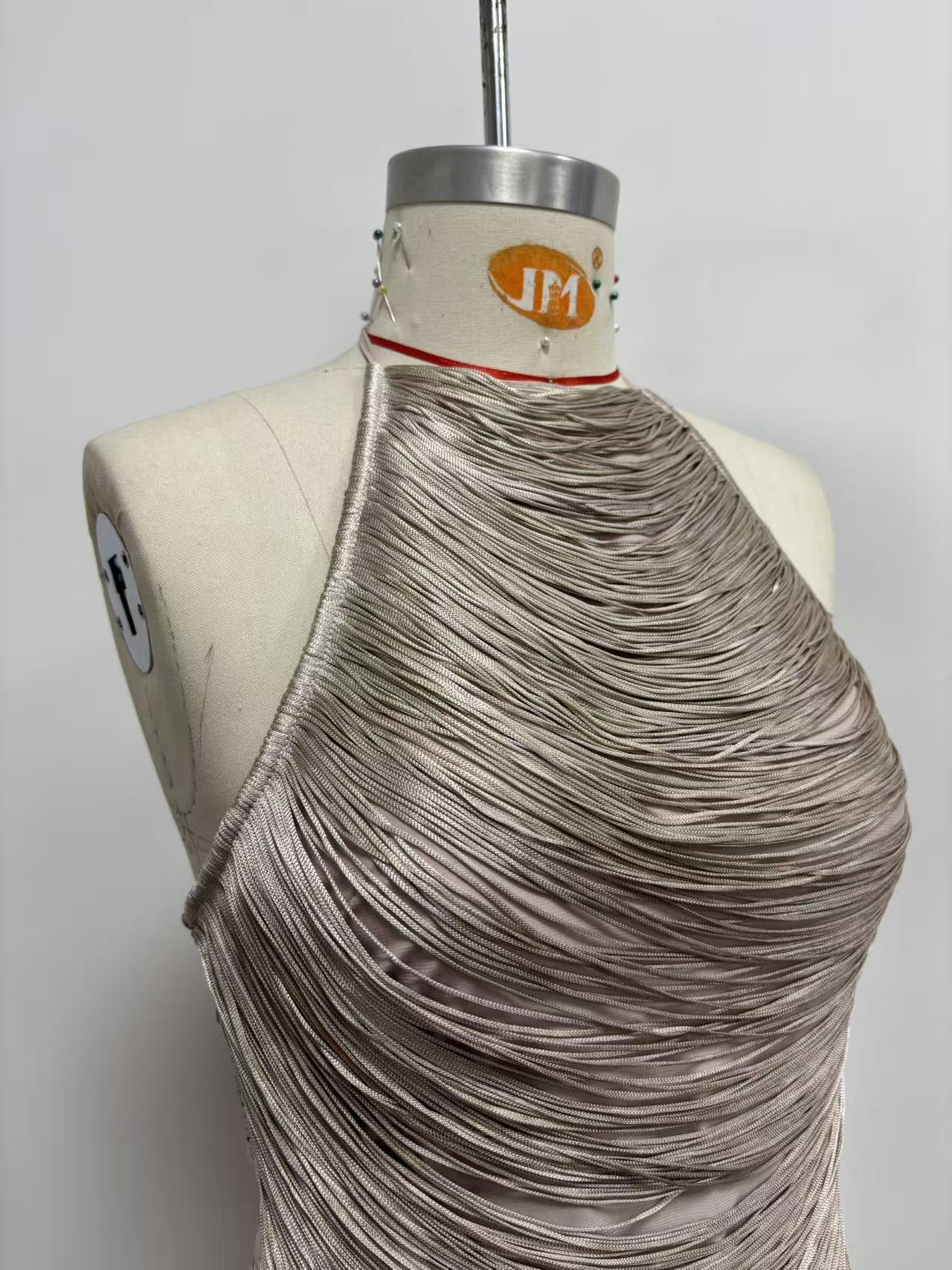 Metallic-fringed French-style Halter Top With Adjustable Bow