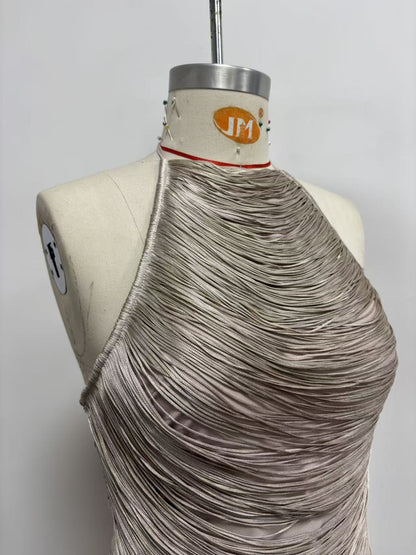 Metallic-fringed French-style Halter Top With Adjustable Bow