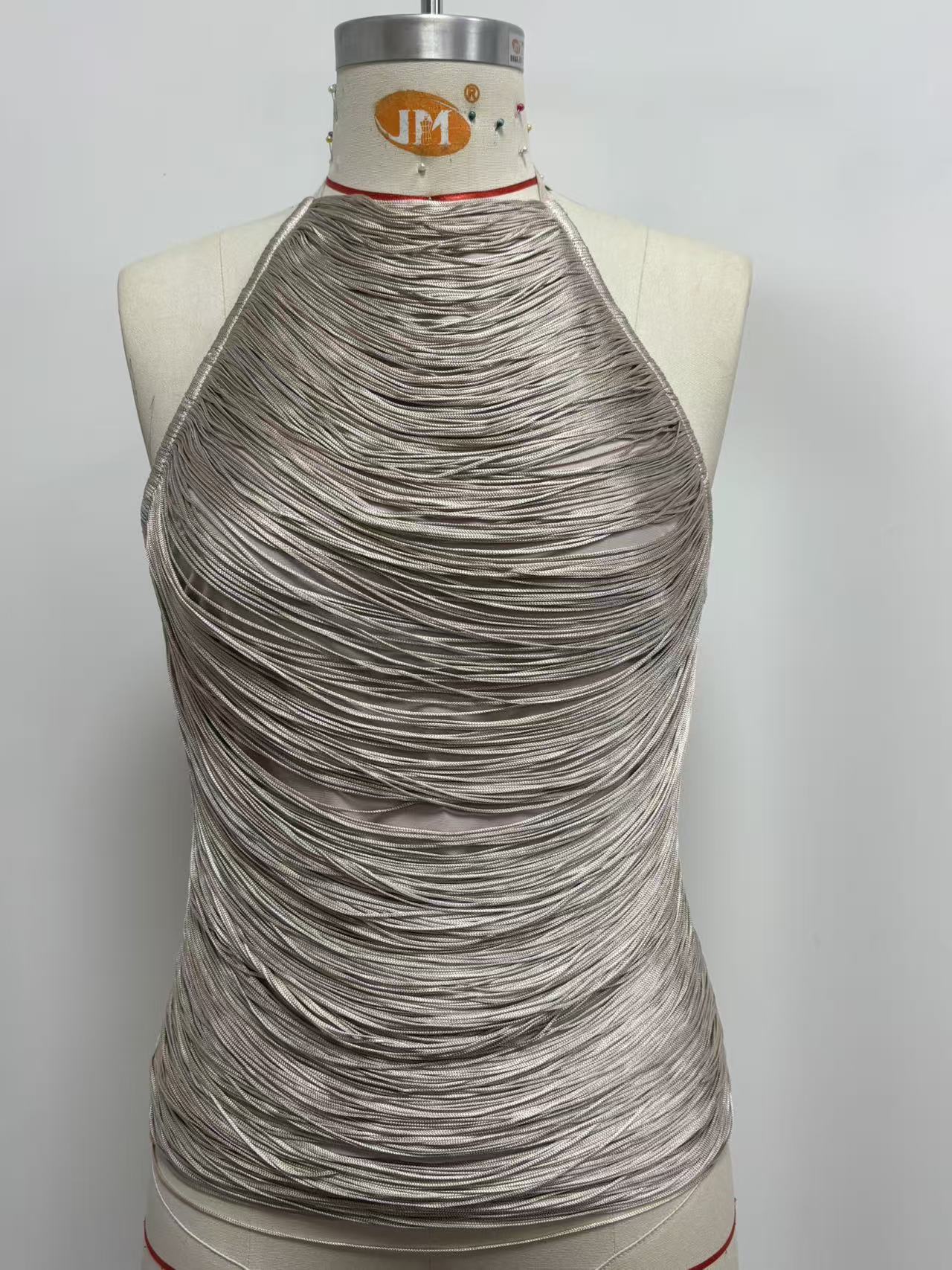 Metallic-fringed French-style Halter Top With Adjustable Bow