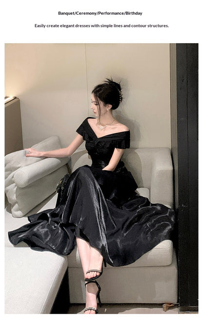 French-style Black Off-shoulder Luxury Dress