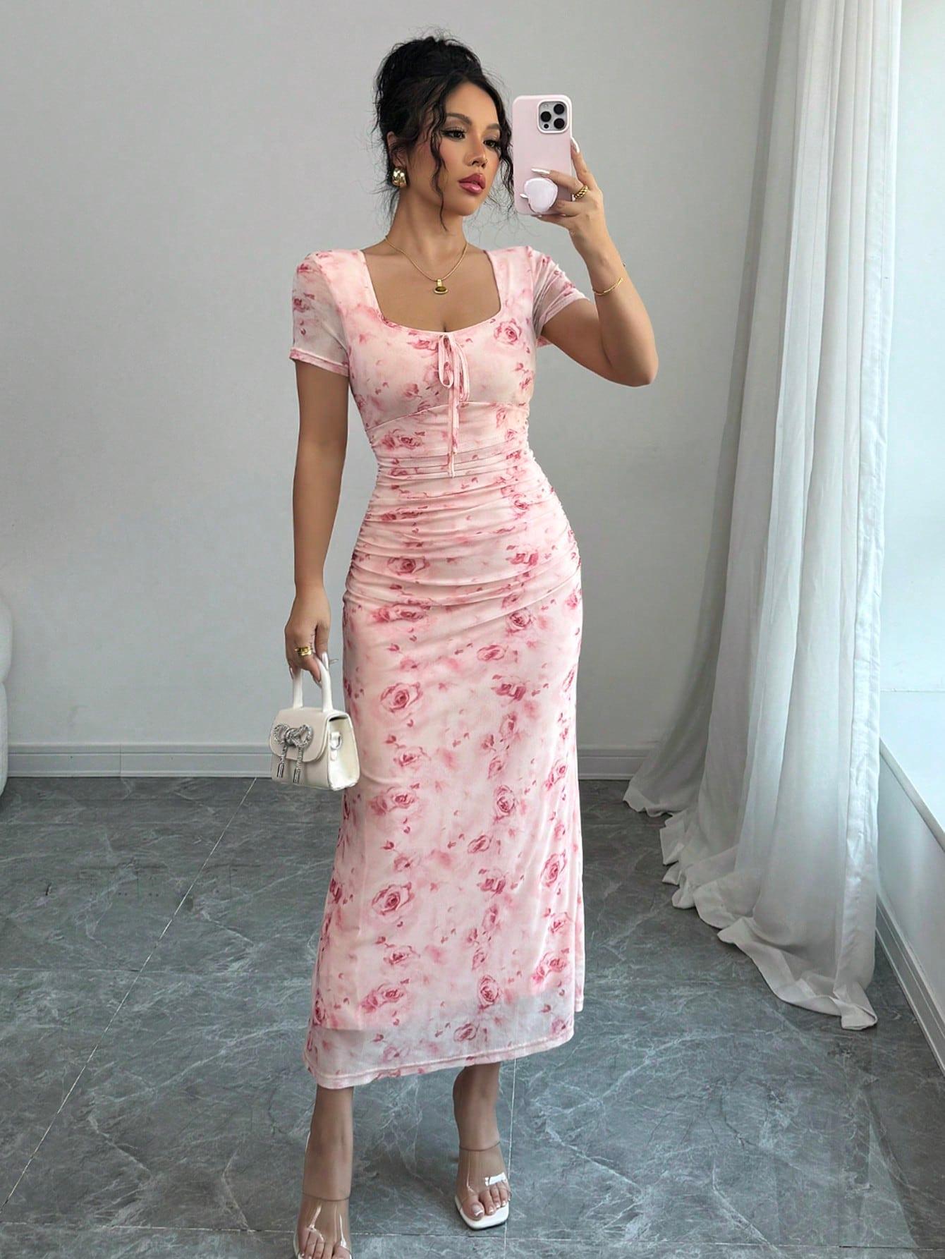 Strap-printed Long Figure-hugging Hip-hugging Dress