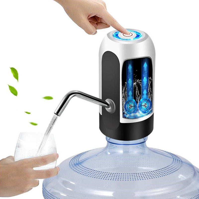 Hand pressing a button on a water dispenser with a glass being filled.