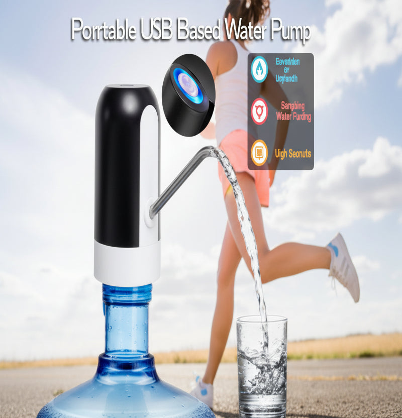 Automatic USB electric water pump with a woman pouring water into a glass.