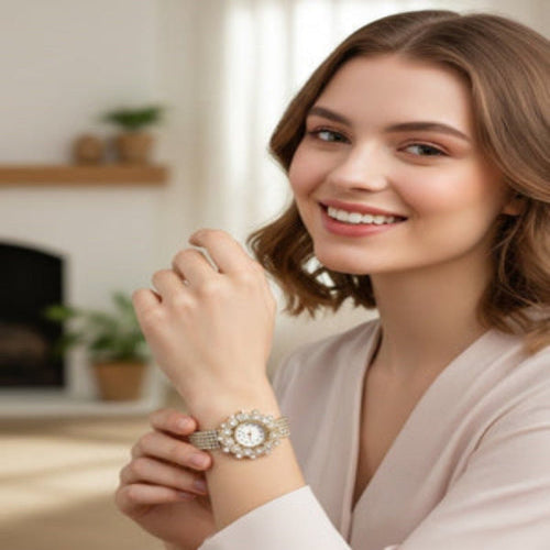 Woman wearing a decorative watch in a home setting