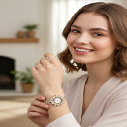 Woman wearing a decorative watch in a home setting