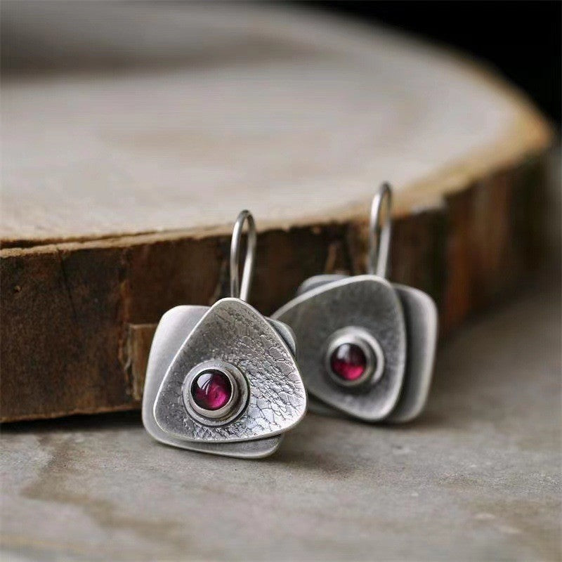 Retro European And American Double-Layer Geometric Earrings Inlaid With Rubies