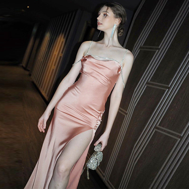 Fashionable And Sexy Slit-back Dress With Diamond-chain