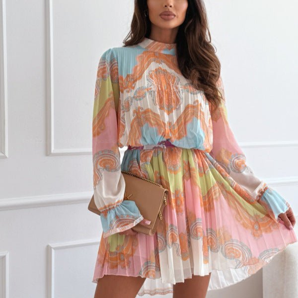 Fashionable Bohemian-style Printed Long-sleeve Dress