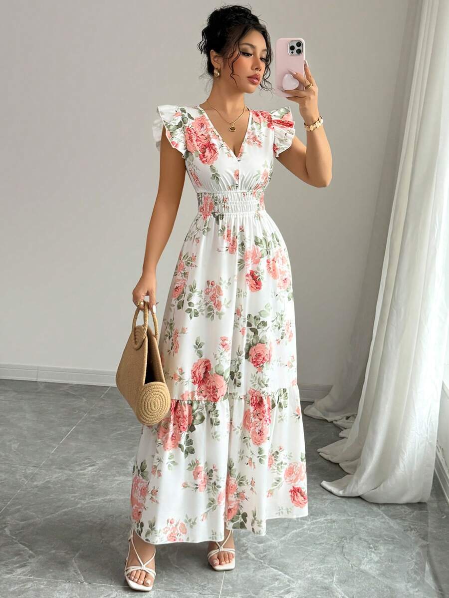 Sophisticated Printed Dress With Ruffled Sleeves