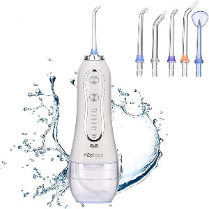 White dental water flosser with multiple nozzles on a white background