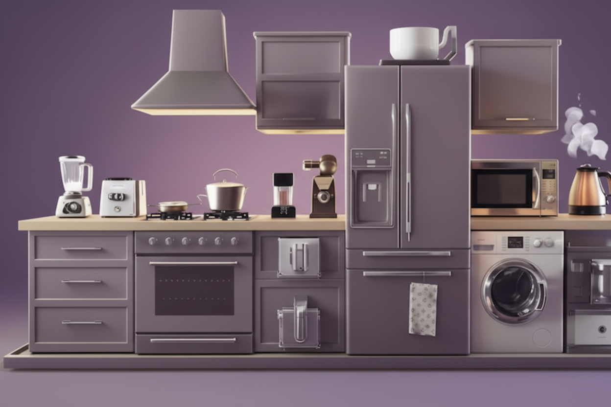 Modern kitchen appliances including a refrigerator, oven, microwave, and washing machine on a purple background.