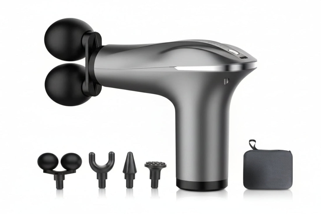 Massage gun with attachments on a white background