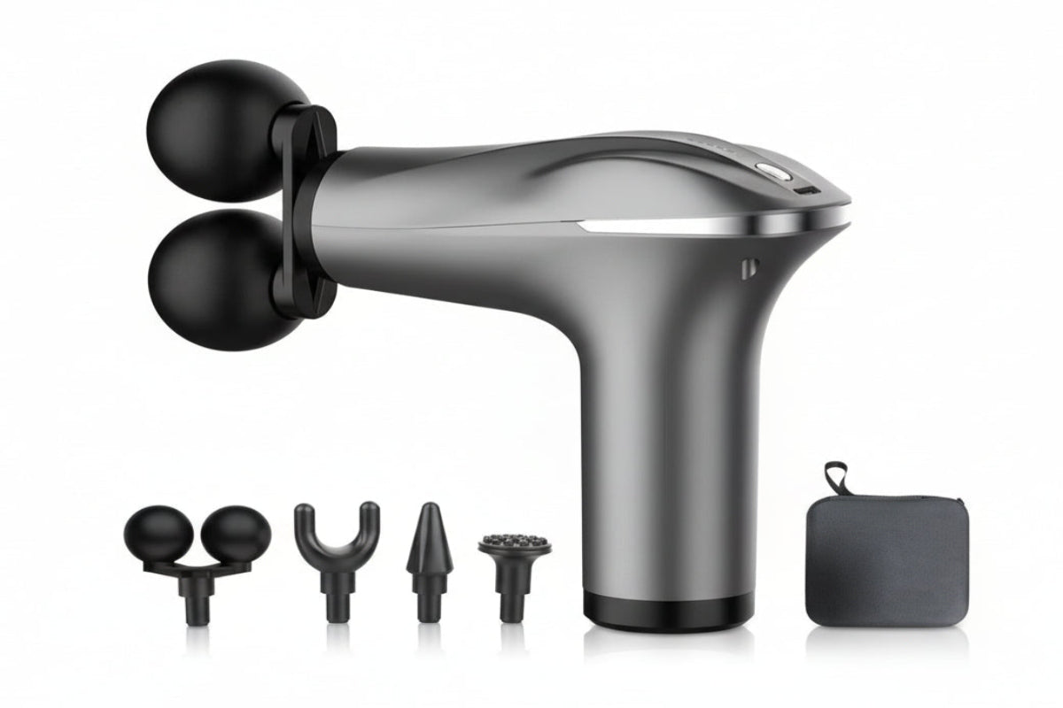 Massage gun with attachments on a white background