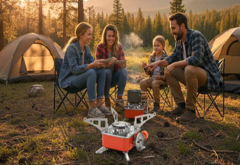 Portable camping stove with orange base and metal components on a white background