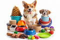 Two dogs surrounded by pet accessories including bowls, toys, and treats on a white background