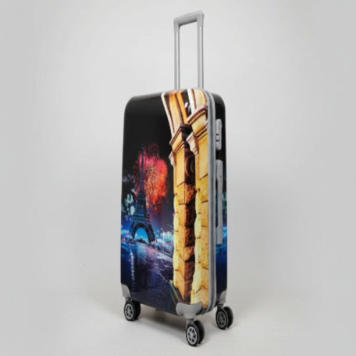 Suitcase with a design of the Eiffel Tower and Arc de Triomphe on a white background