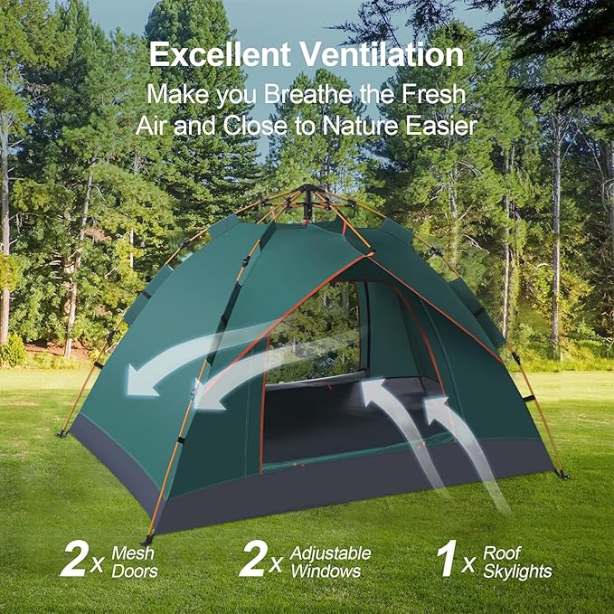 Green tent with ventilation features highlighted in a forest setting