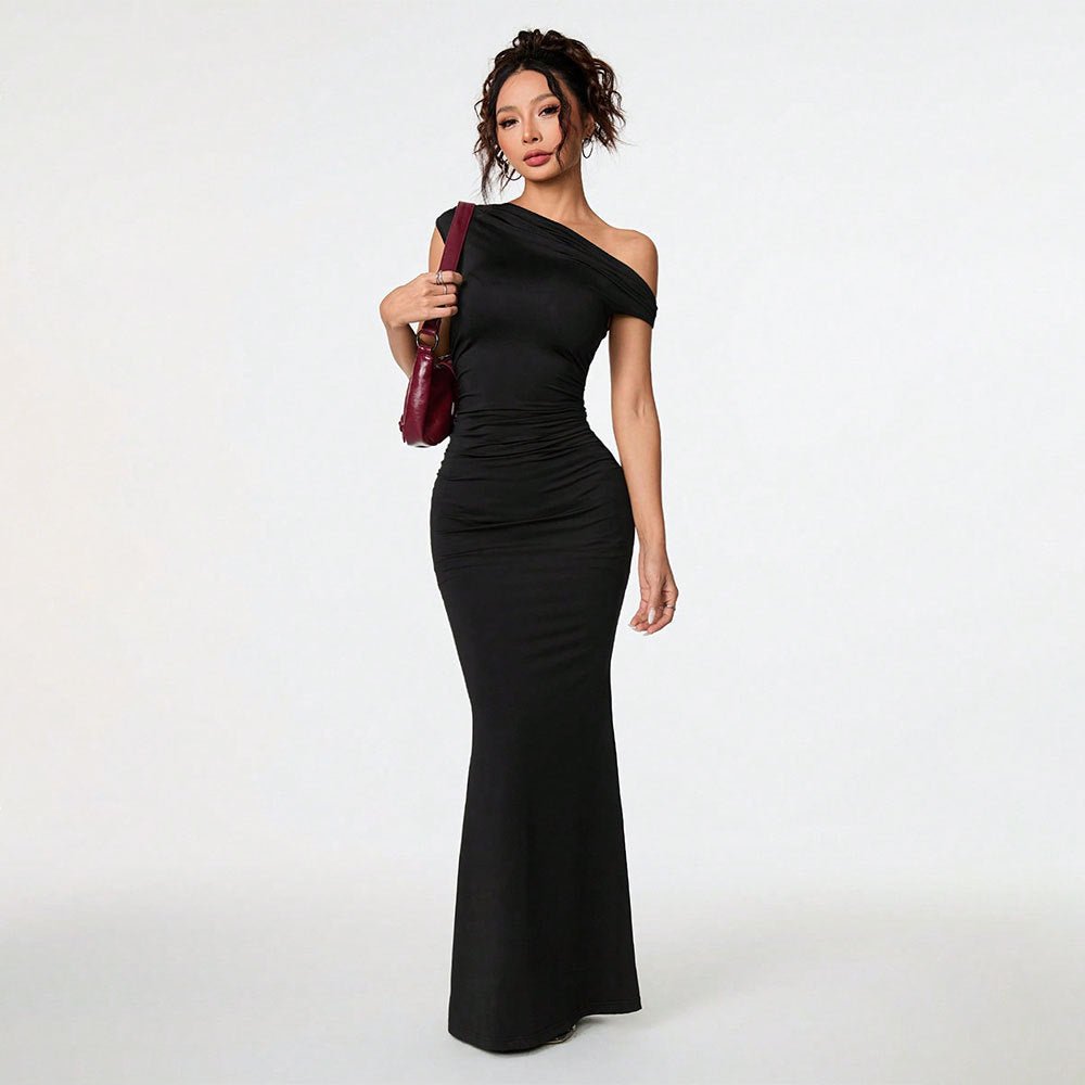 Off-shoulder Slant-neck Black Evening Gown Maxi Dress